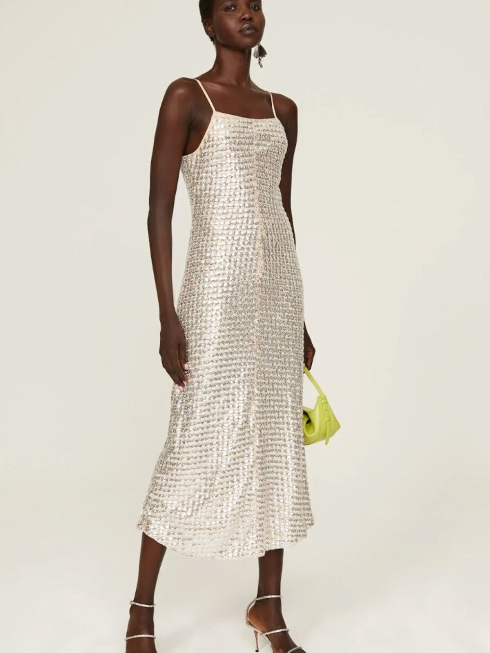 RHODE Platinum Jemima Maxi Dress in Silver Sequin White Midi Gown 14